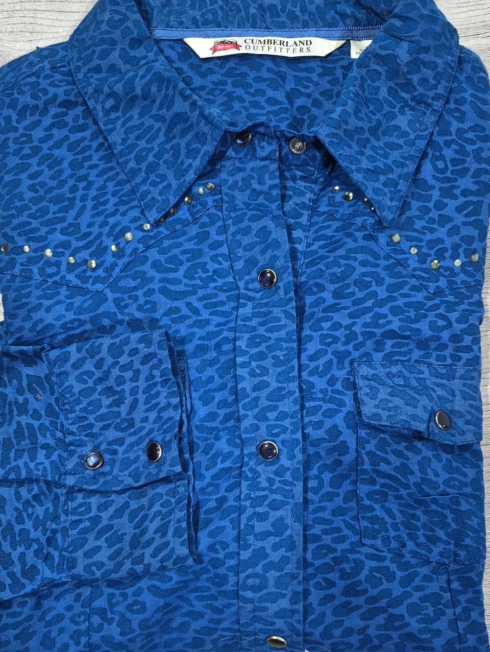 Women's Casual Long-Sleeve Button-Down Shirt in Blue with Stud Trim